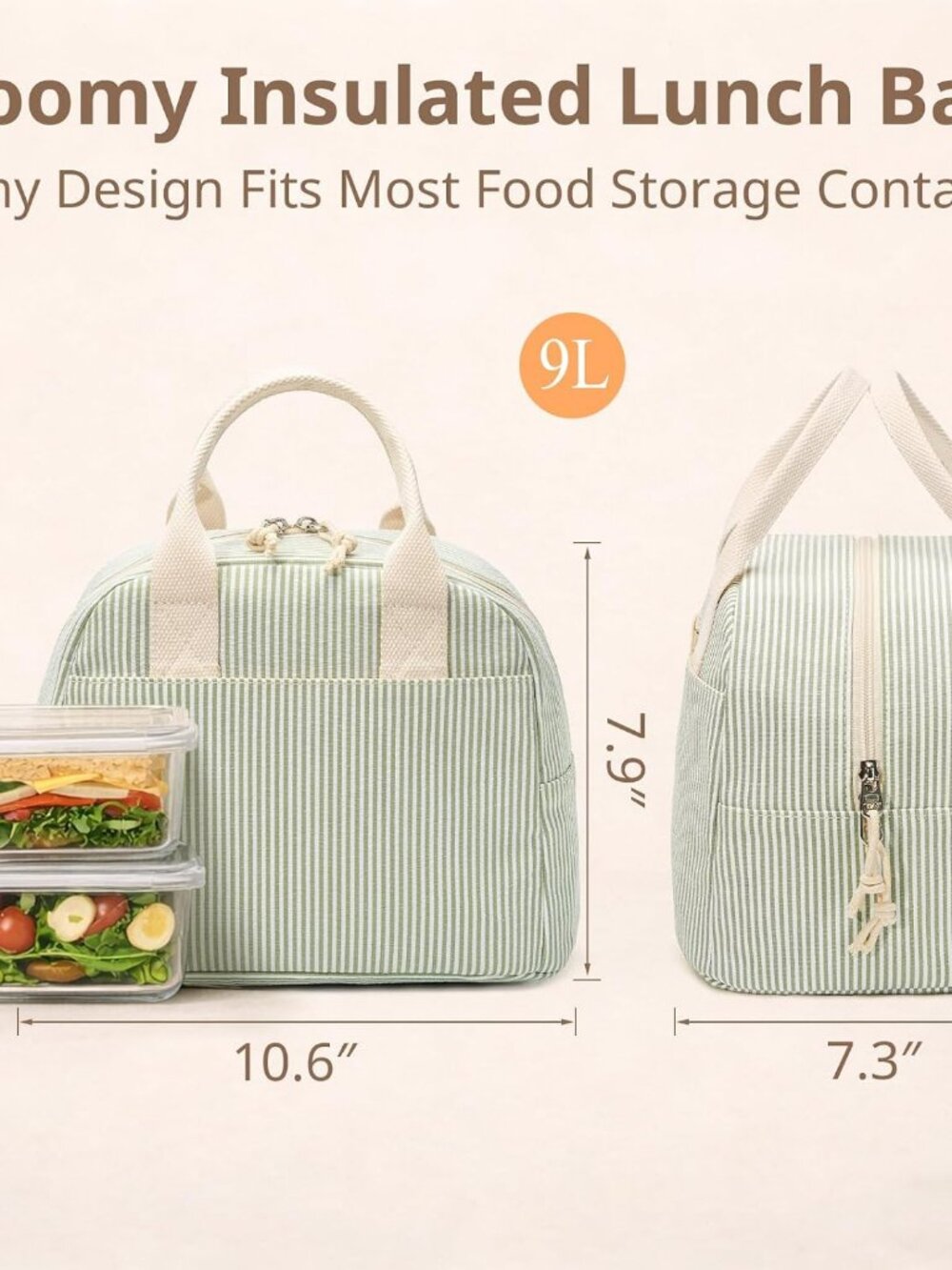 LOVELYWIND Lunch Box for Women,Insulated Lunch Bag,Green Stripe14-Can(9L) - Picture 3 of 9